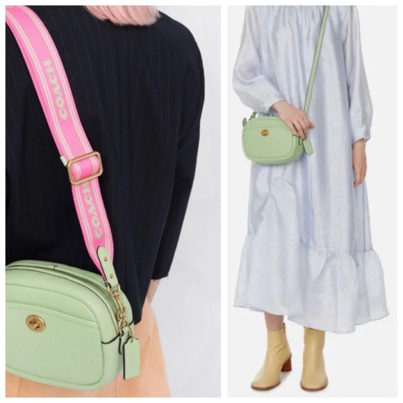 COACH Pistachio Green Leather Oval Camera Bag, Crossbody Guitar Strap (Pink) - Picture 10 of 17